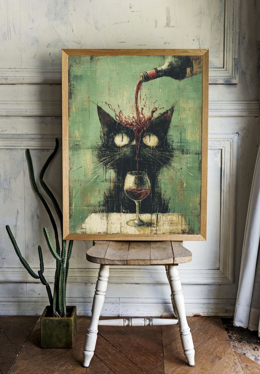 Whimsical Cat with Wine — Funny Print. — room view 1