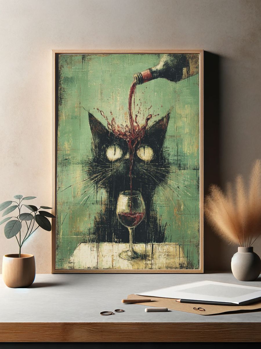 Whimsical Cat with Wine — Funny Print. — room view 2