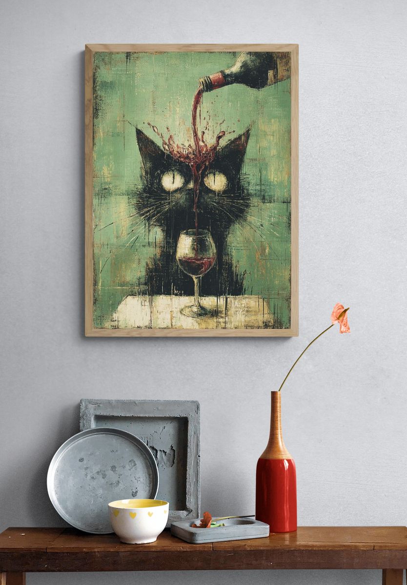 Whimsical Cat with Wine — Funny Print. — room view 3