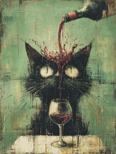 Whimsical Cat with Wine — Funny Print. poster print