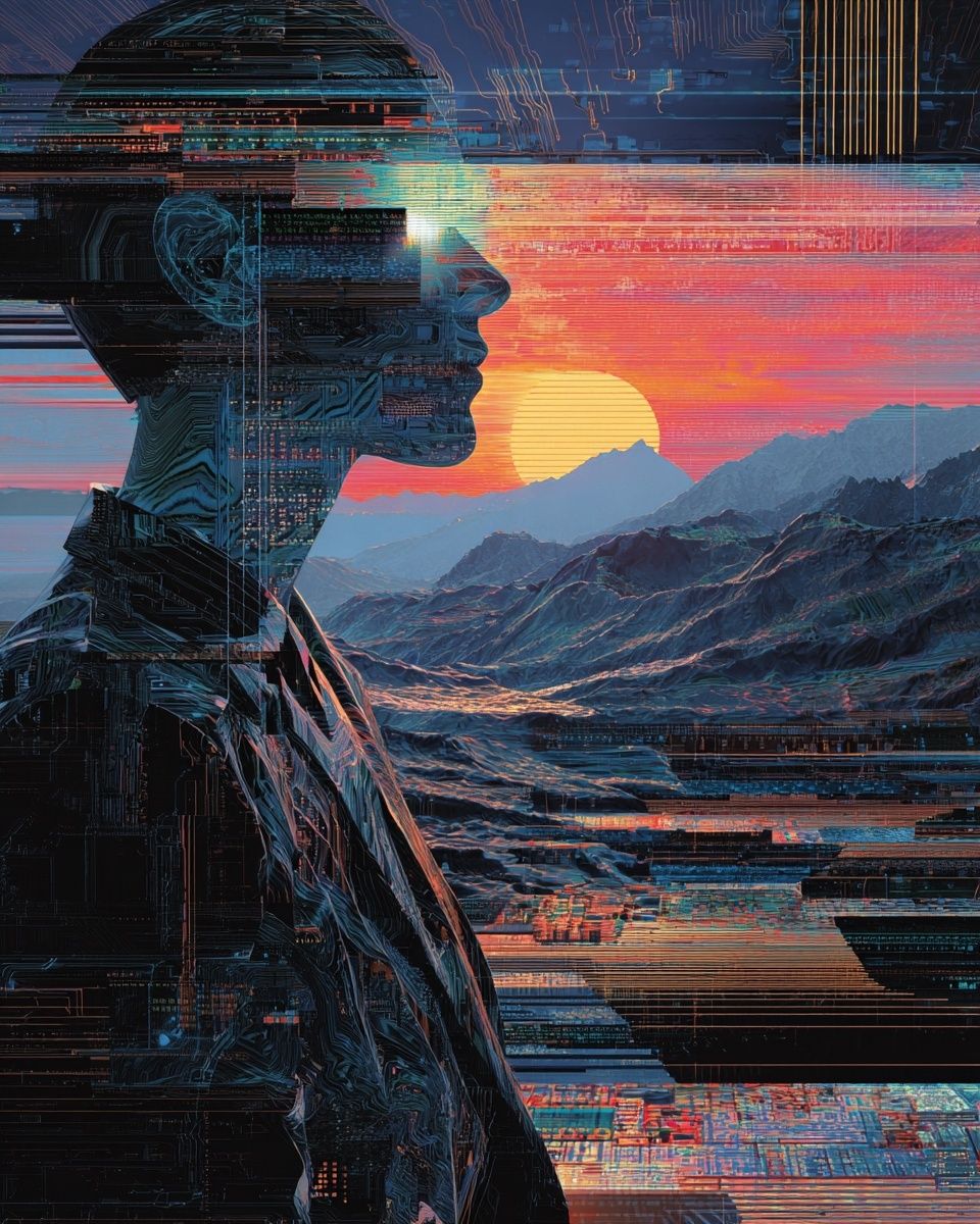 Cybernetic Sunset Portrait Print. poster — illustration art