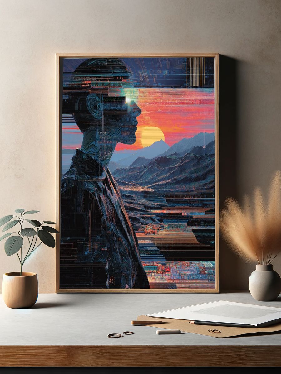 Cybernetic Sunset Portrait Print. — room view 2