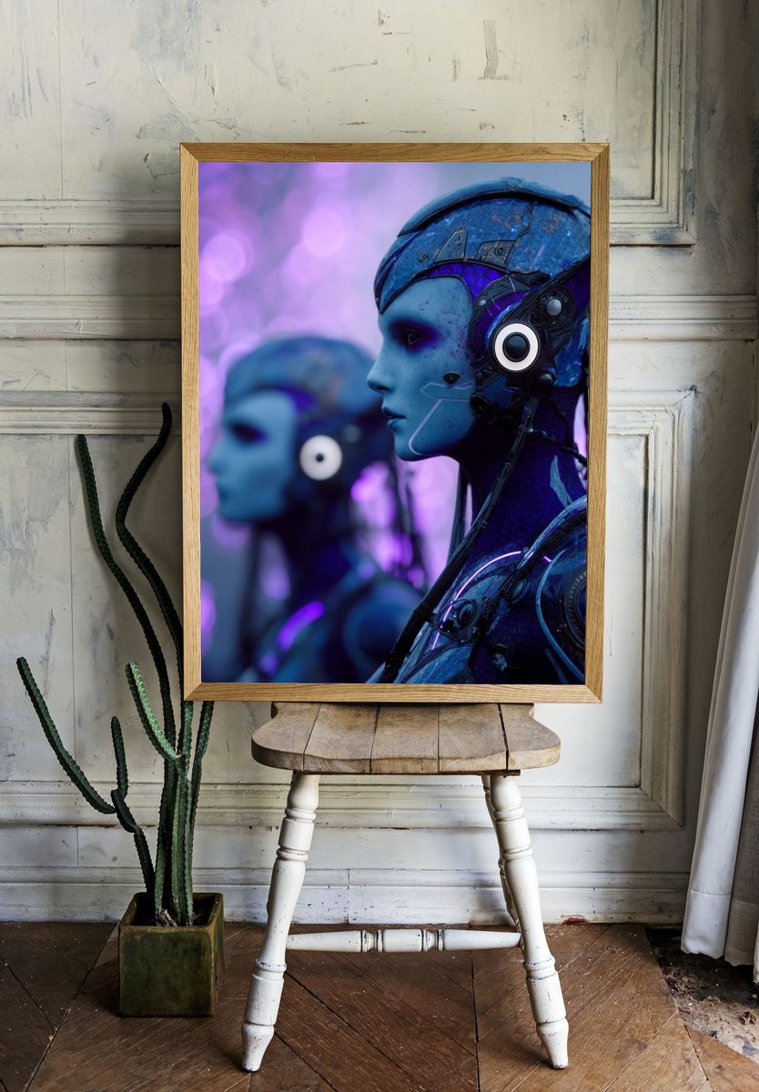 Cybernetic Blue Portrait Print. — room view 1