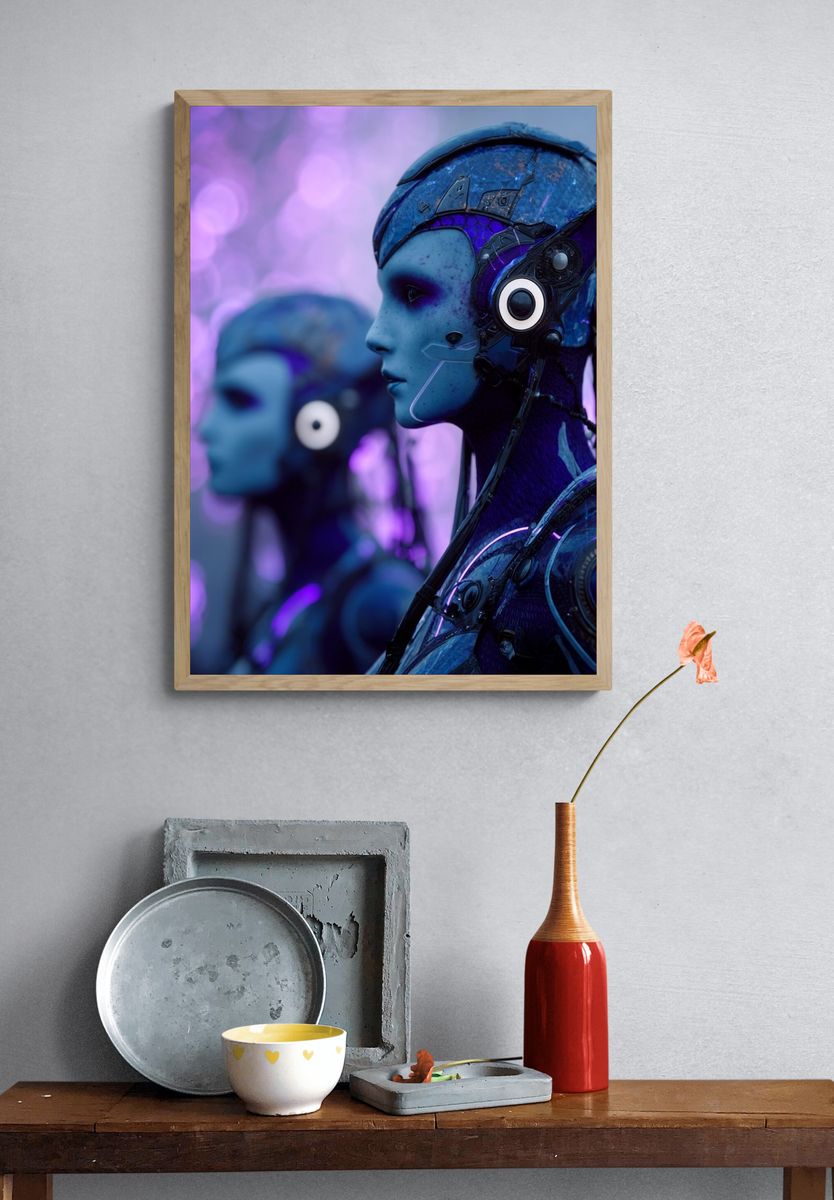 Cybernetic Blue Portrait Print. — room view 3