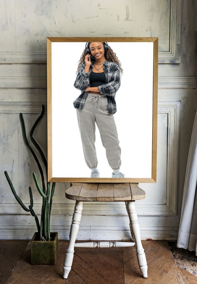 Casual Young Woman with Headphones — Photography Print. — room view 1