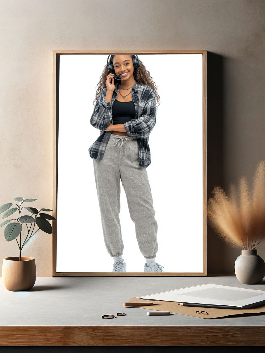 Casual Young Woman with Headphones — Photography Print. — room view 2