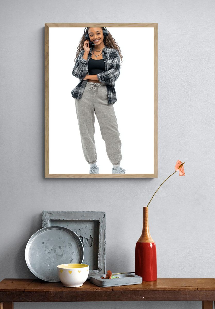 Casual Young Woman with Headphones — Photography Print. — room view 3