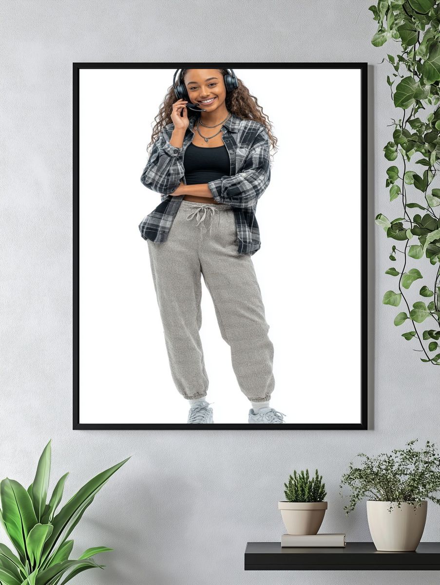 Casual Young Woman with Headphones — Photography Print. — room view 4