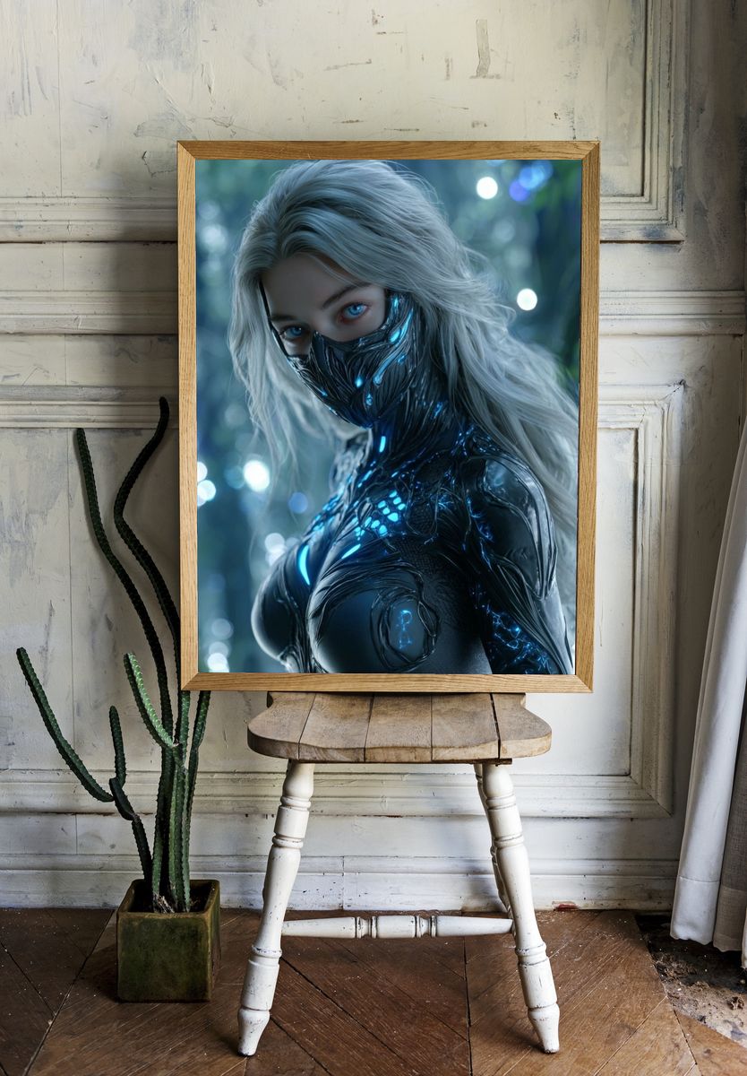 Futuristic Cyber Warrior — Digital Art Print. — room view 1