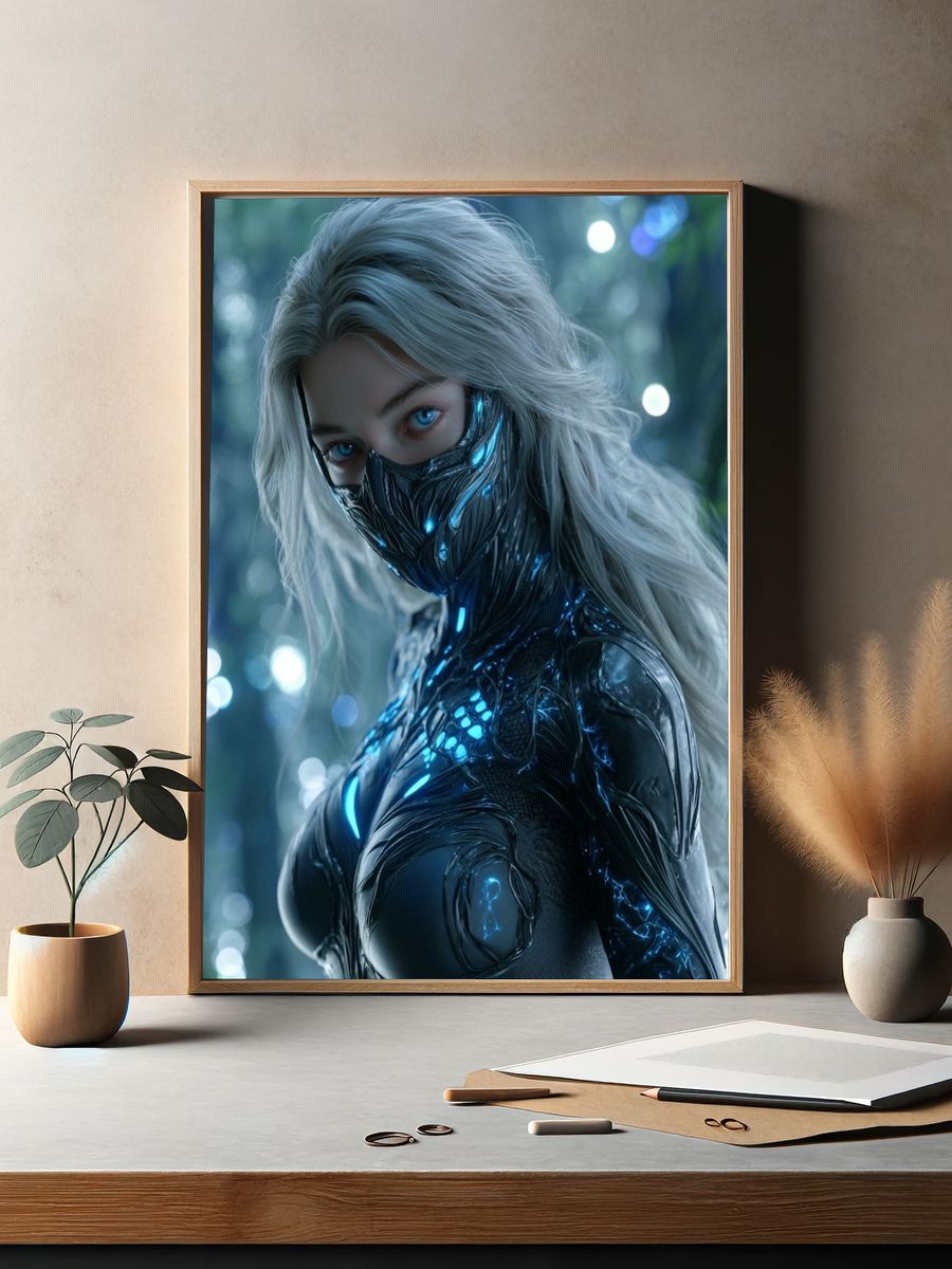 Futuristic Cyber Warrior — Digital Art Print. — room view 2