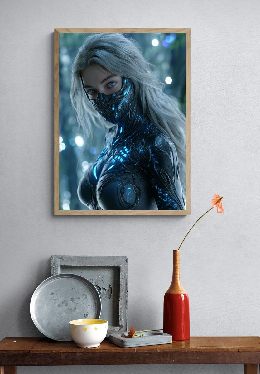 Futuristic Cyber Warrior — Digital Art Print. — room view 3
