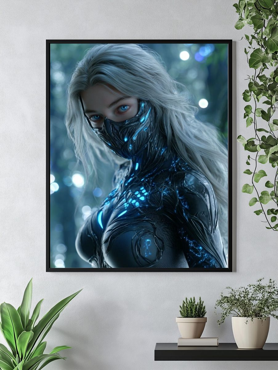 Futuristic Cyber Warrior — Digital Art Print. — room view 4