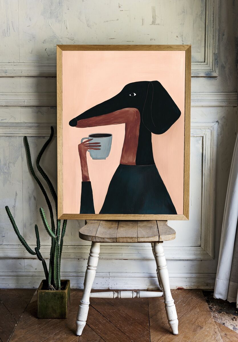 Dachshund with Coffee — Illustration Print. — room view 1