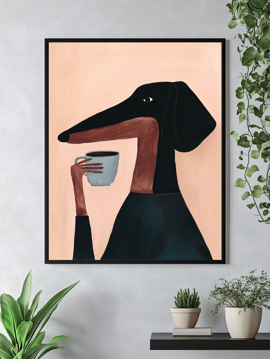 Dachshund with Coffee — Illustration Print. — room view 4