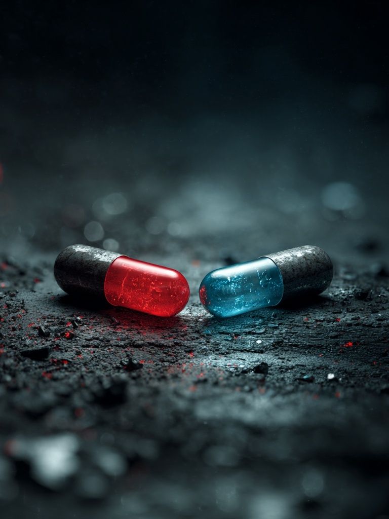 Red and Blue Capsules — Digital Art Print. poster detail
