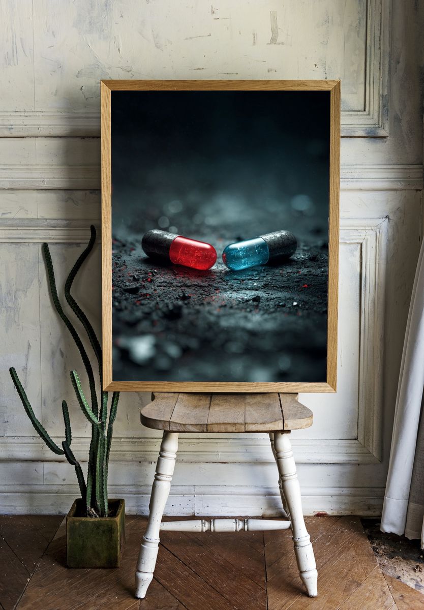 Red and Blue Capsules — Digital Art Print. — room view 1