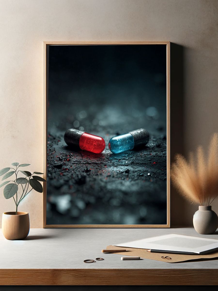 Red and Blue Capsules — Digital Art Print. — room view 2