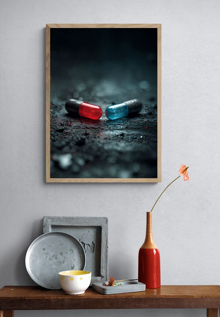 Red and Blue Capsules — Digital Art Print. — room view 3
