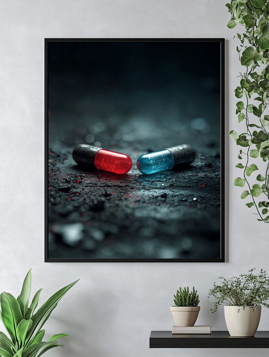 Red and Blue Capsules — Digital Art Print. — room view 4