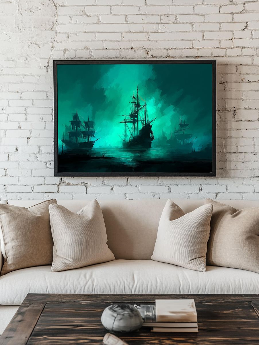 Mysterious Ships at Sea — Digital Art Print. — room view 1