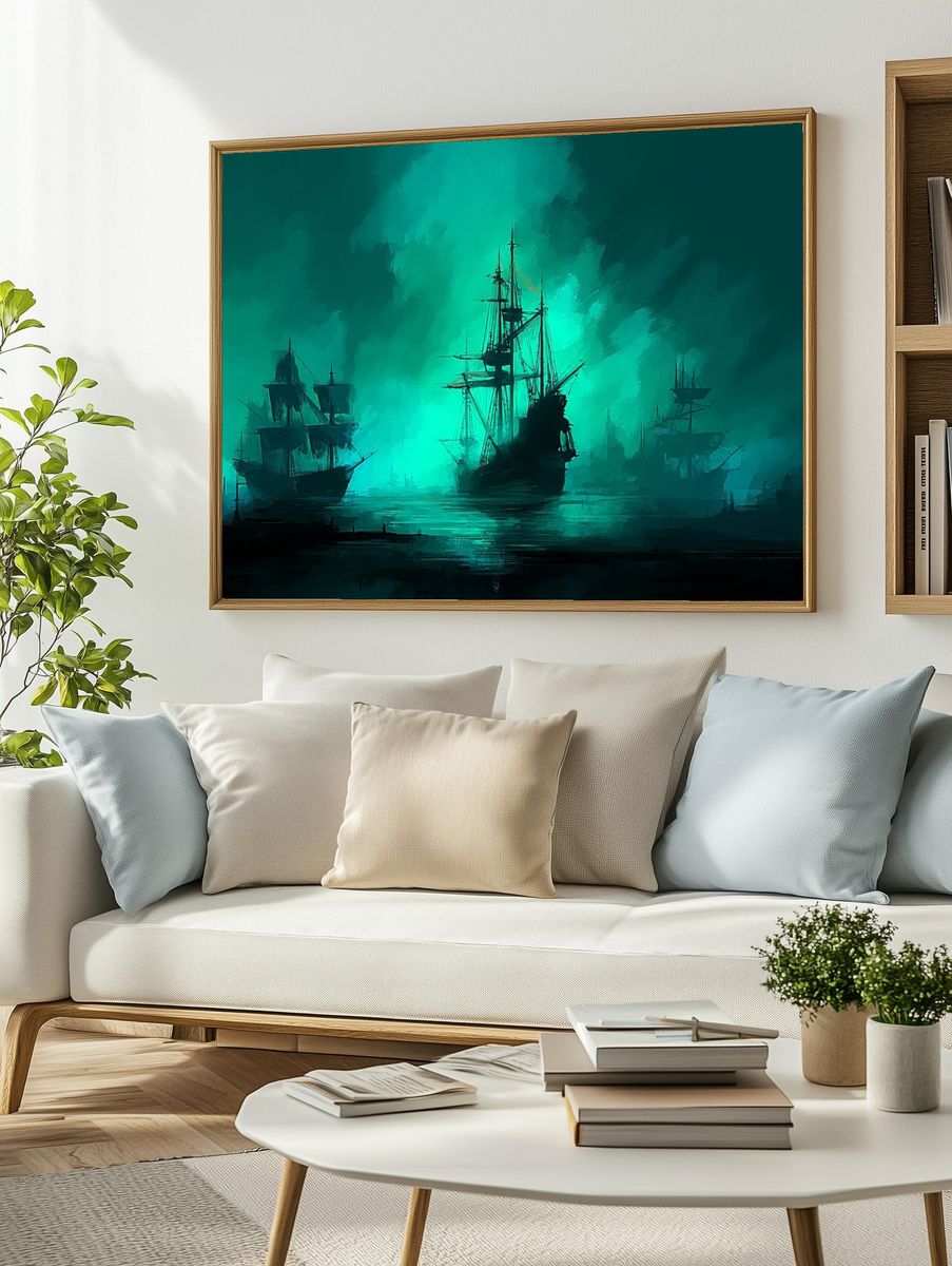 Mysterious Ships at Sea — Digital Art Print. — room view 2