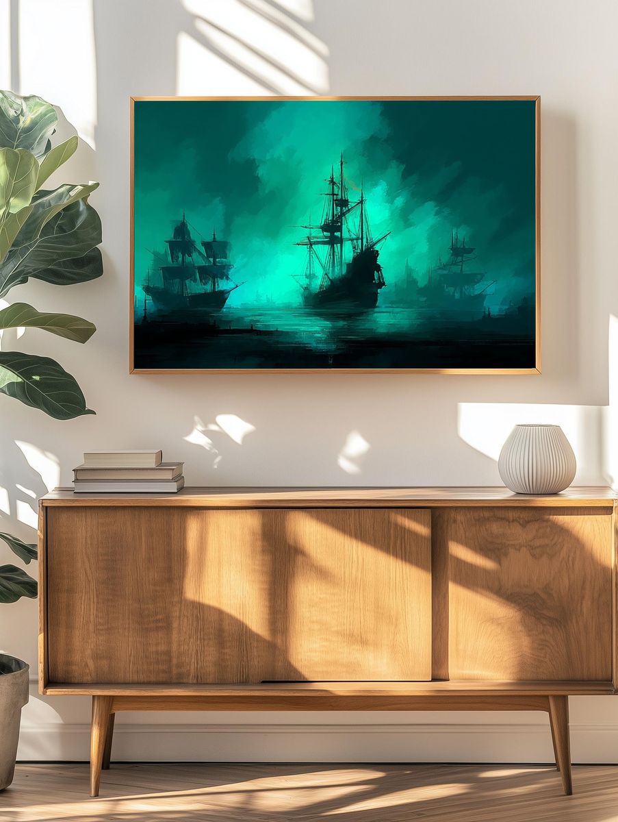 Mysterious Ships at Sea — Digital Art Print. — room view 3