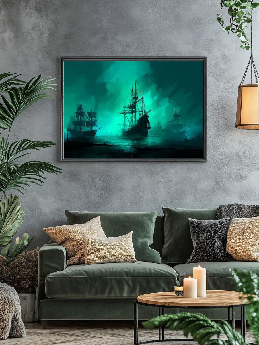 Mysterious Ships at Sea — Digital Art Print. — room view 4