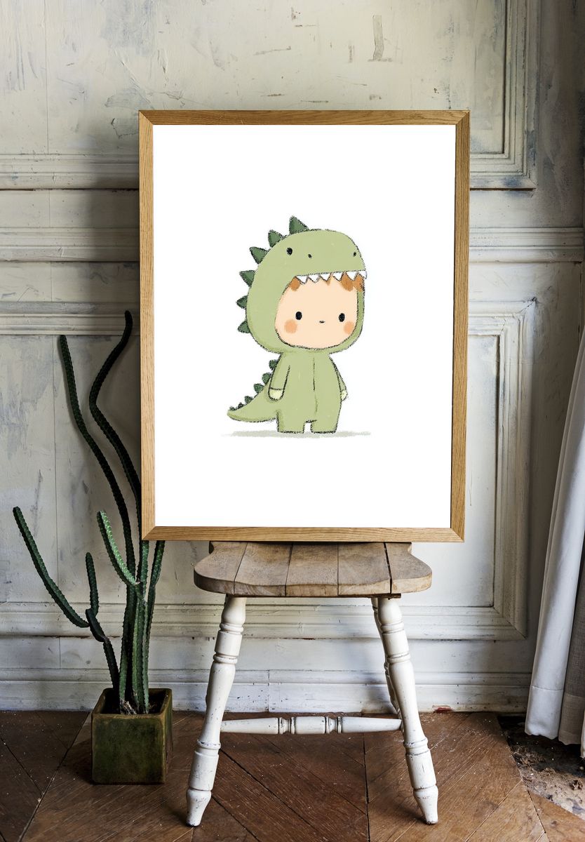 Cute Dinosaur Costume Kid — Illustration Print. — room view 1