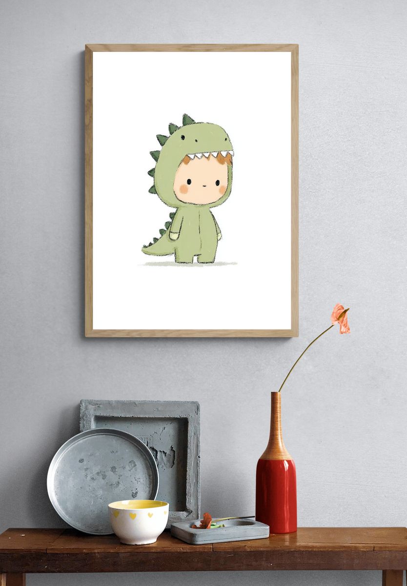 Cute Dinosaur Costume Kid — Illustration Print. — room view 3