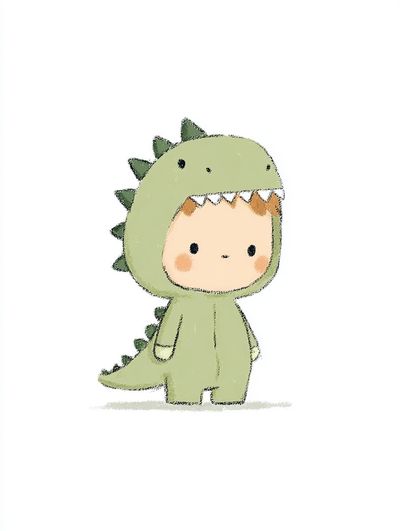 Cute Dinosaur Costume Kid — Illustration Print.