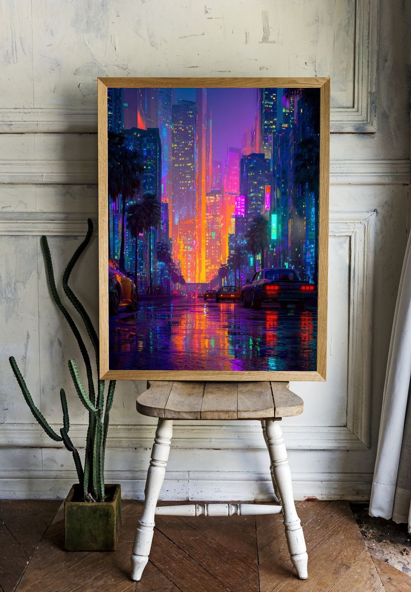 Neon Cityscape — Digital Art Print. — room view 1