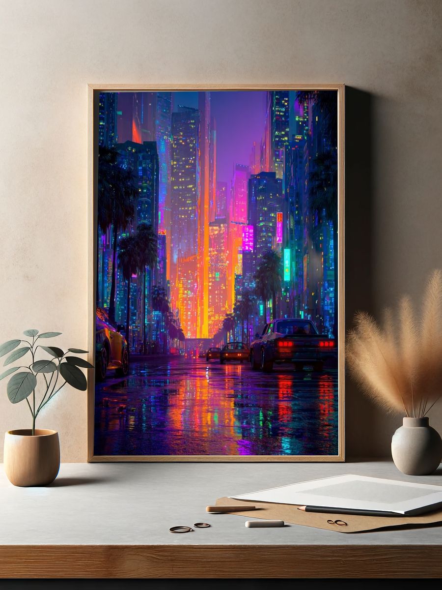 Neon Cityscape — Digital Art Print. — room view 2