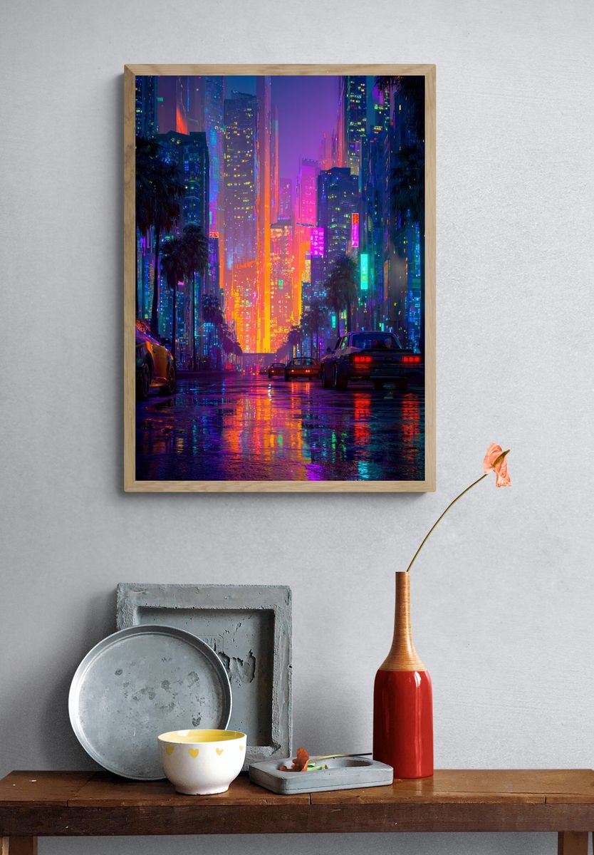 Neon Cityscape — Digital Art Print. — room view 3