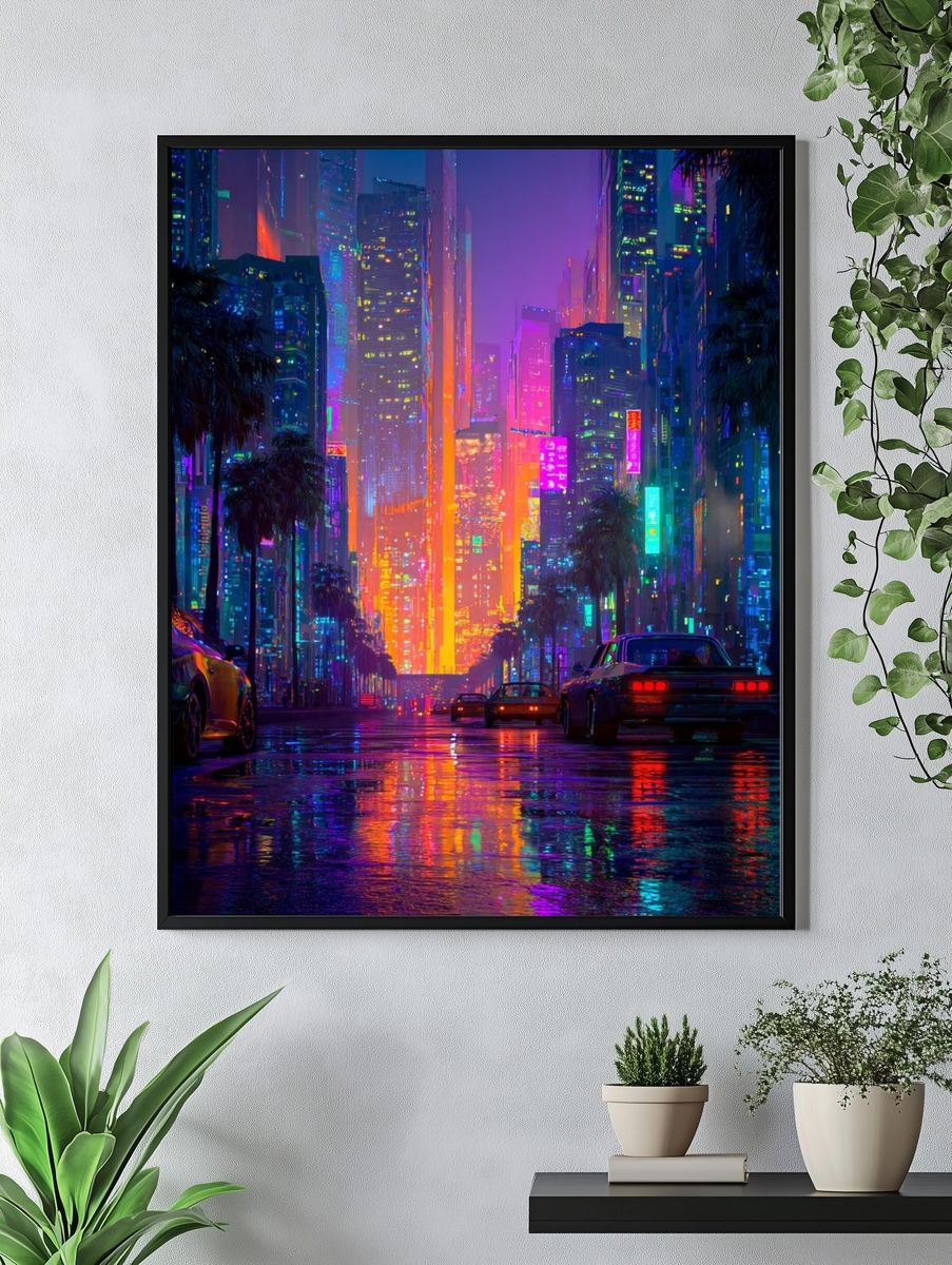 Neon Cityscape — Digital Art Print. — room view 4