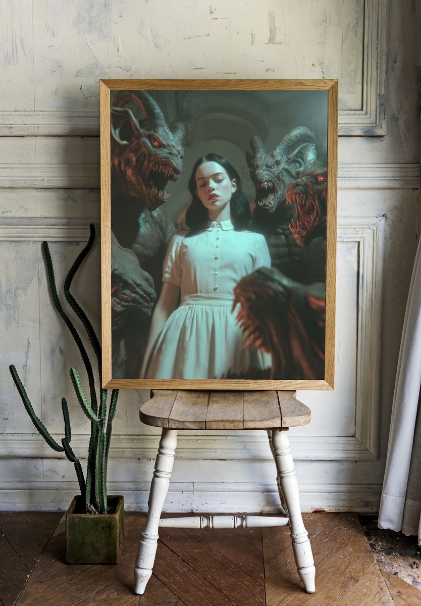 Dark Fantasy Girl and Demons Print. — room view 1