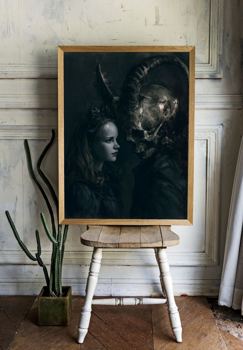 Dark Fantasy Girl and Horned Skull Print. — room view 1