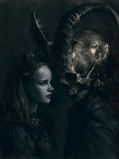 Dark Fantasy Girl and Horned Skull Print. poster print