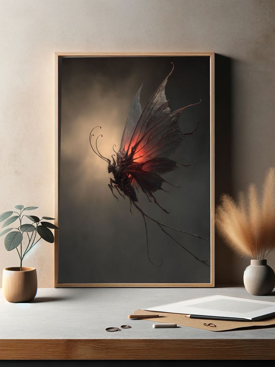 Dark Winged Creature Fantasy Print. — room view 2