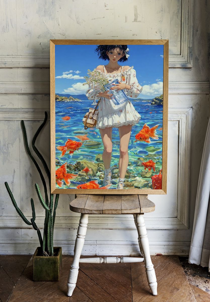 Girl with Goldfish — Digital Art Print. — room view 1