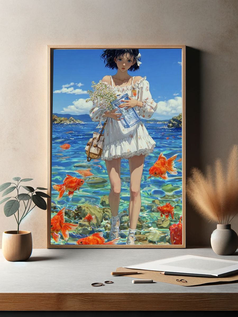 Girl with Goldfish — Digital Art Print. — room view 2
