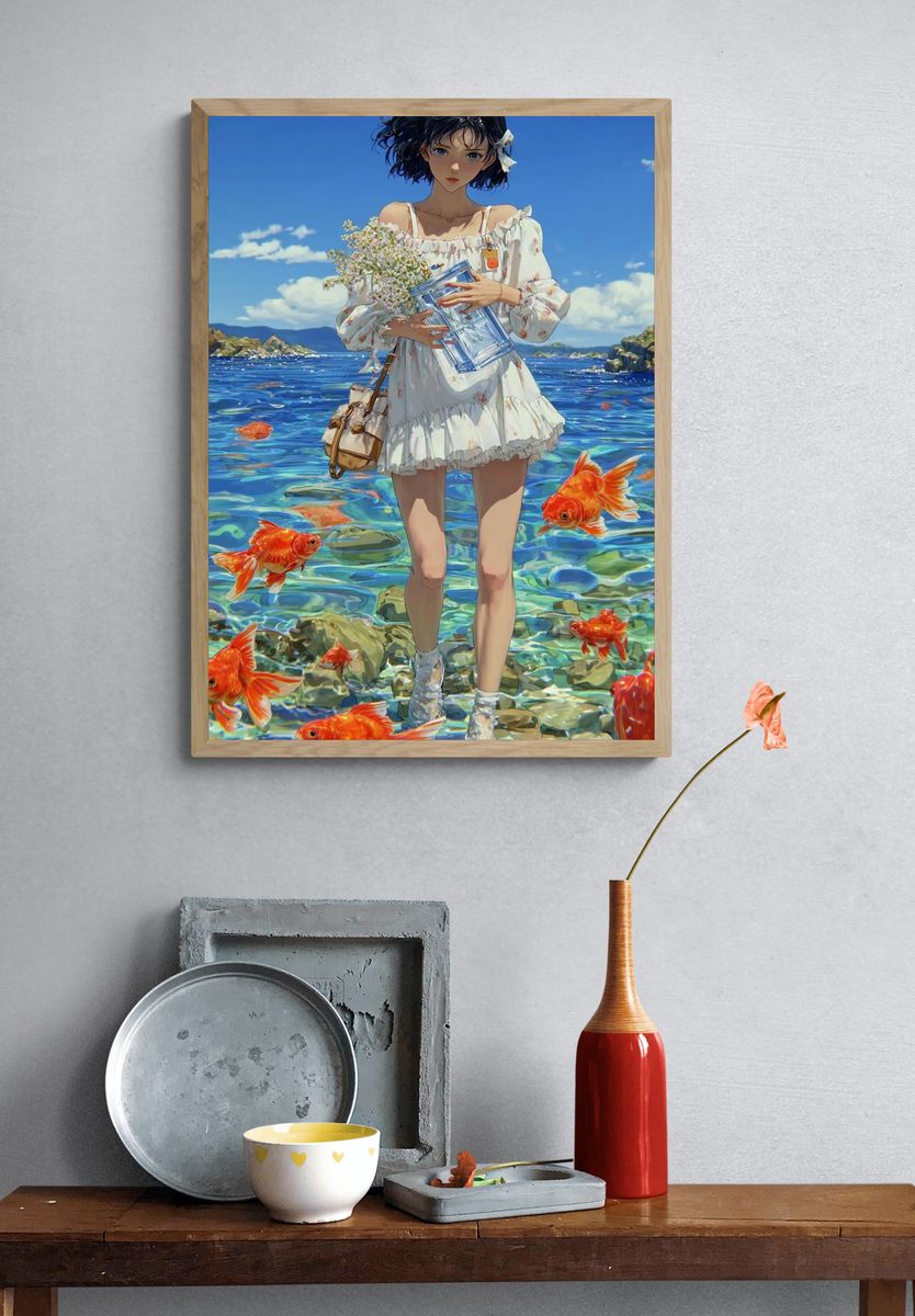 Girl with Goldfish — Digital Art Print. — room view 3