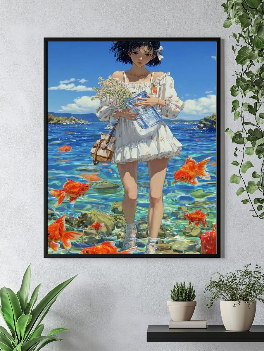 Girl with Goldfish — Digital Art Print. — room view 4