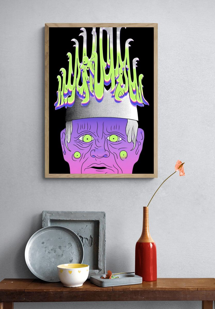 Surreal Face with Crown — Digital Art Print. — room view 3