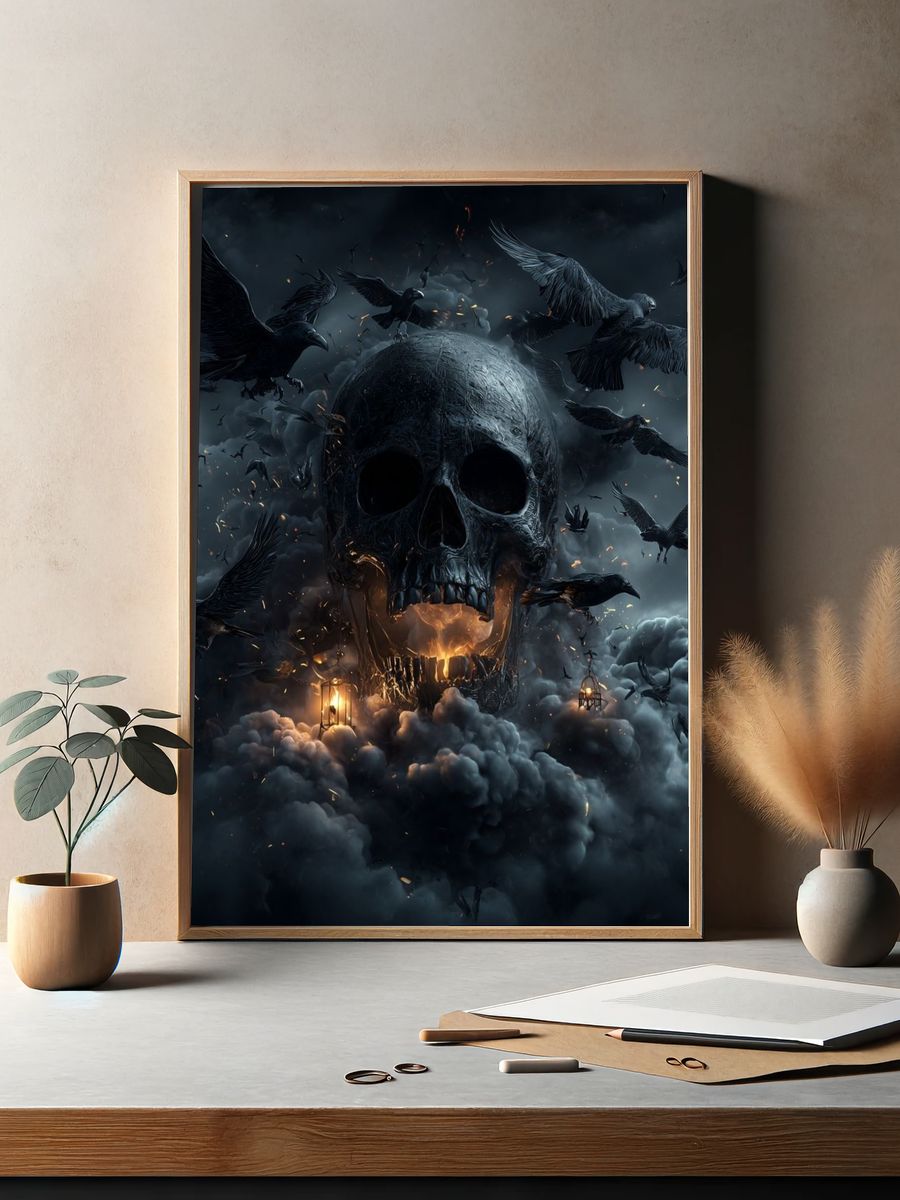 Dark Skull with Crows — Gothic Print. — room view 2