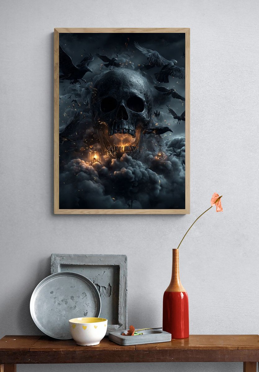 Dark Skull with Crows — Gothic Print. — room view 3