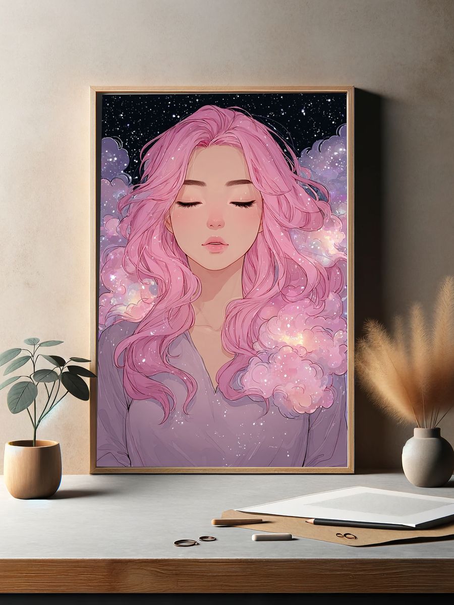 Dreamy Girl with Pink Hair — Digital Art Print. — room view 2