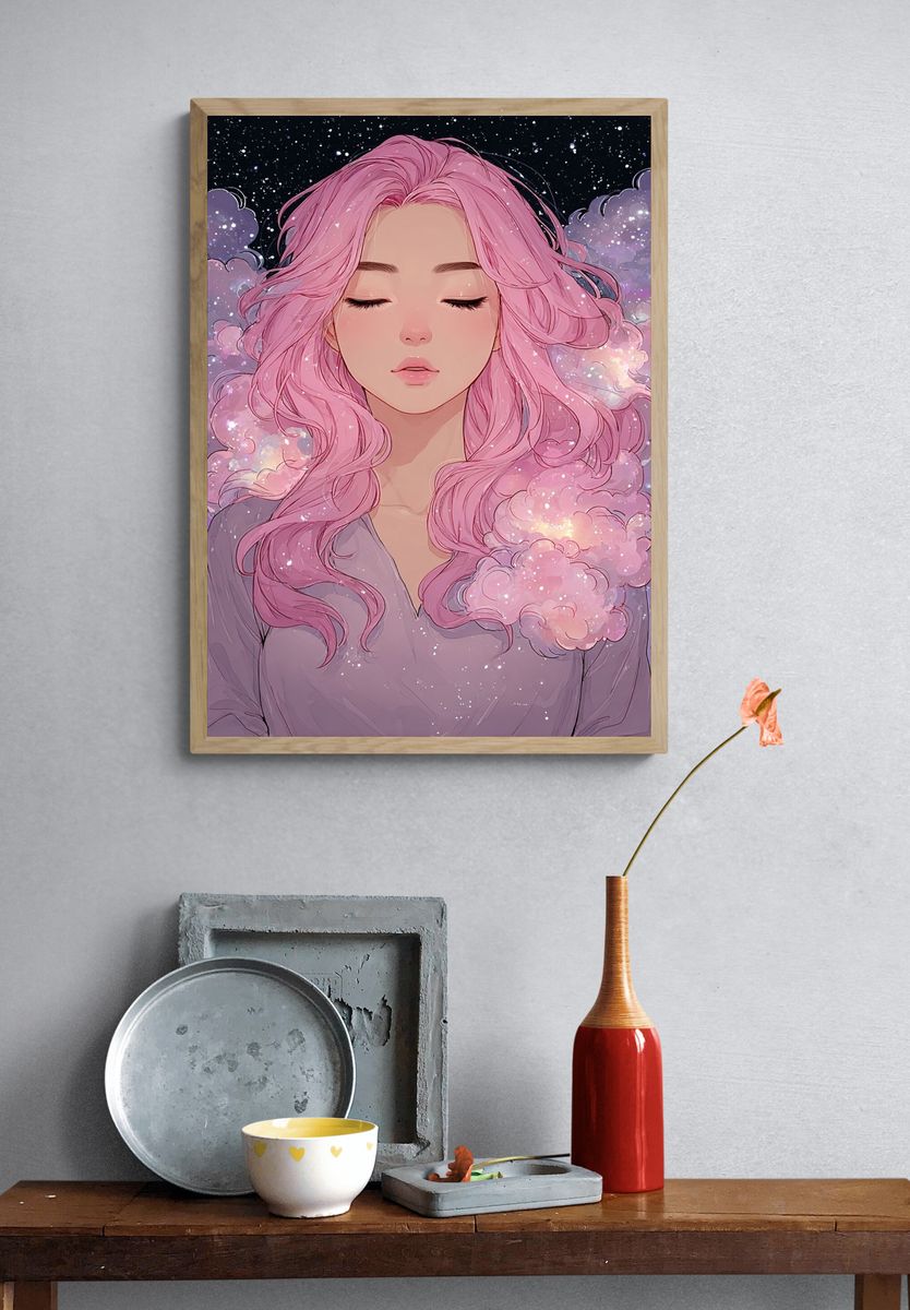 Dreamy Girl with Pink Hair — Digital Art Print. — room view 3