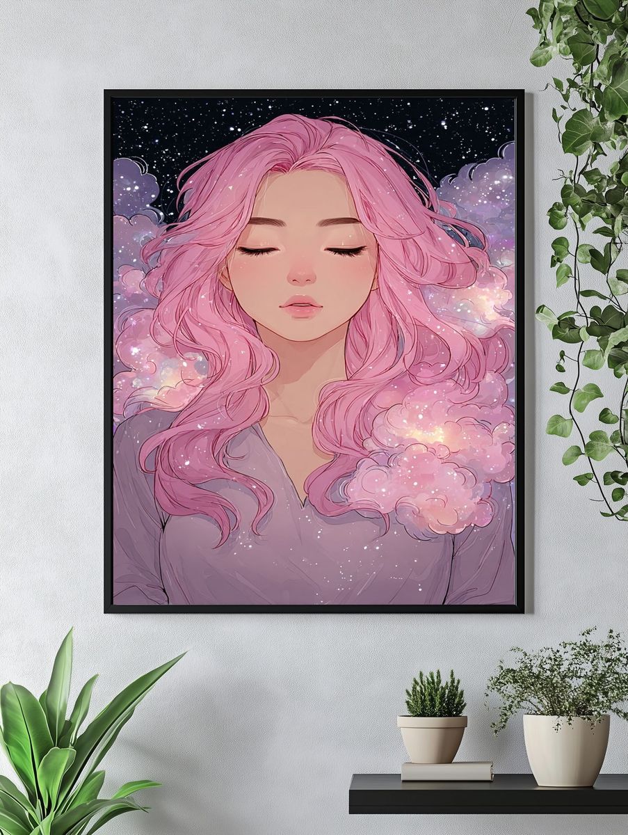 Dreamy Girl with Pink Hair — Digital Art Print. — room view 4