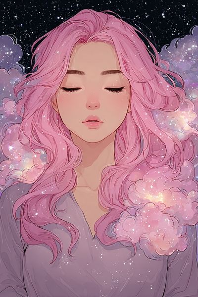 Dreamy Girl with Pink Hair — Digital Art Print. poster print