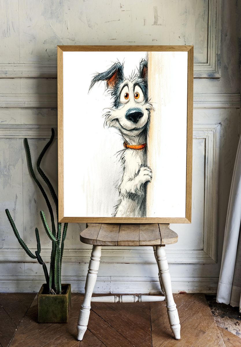 Playful Dog Portrait Illustration Poster. — room view 1